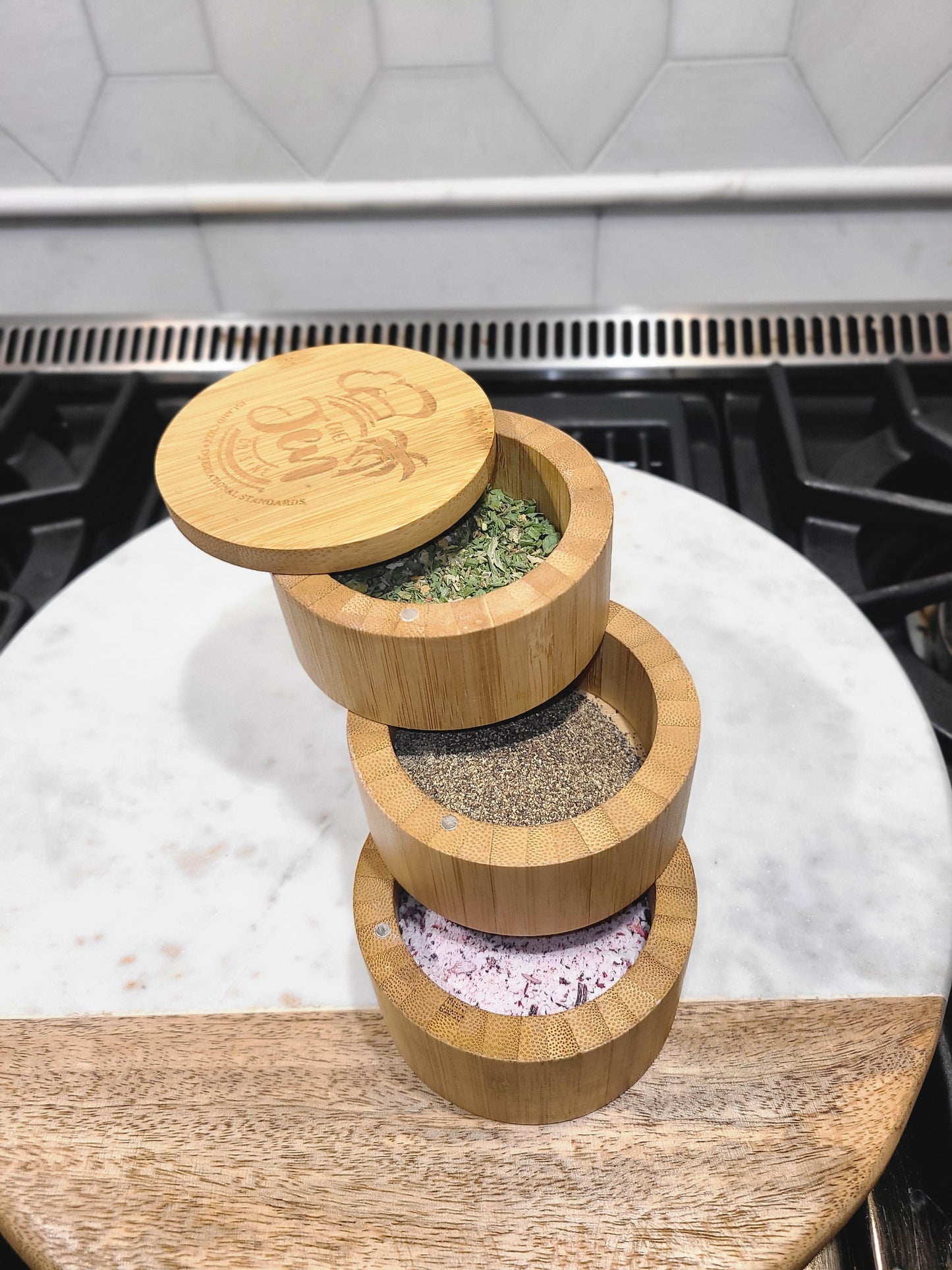 3 Tier  Bamboo Spice Jar , salt box , seasoning  cellar